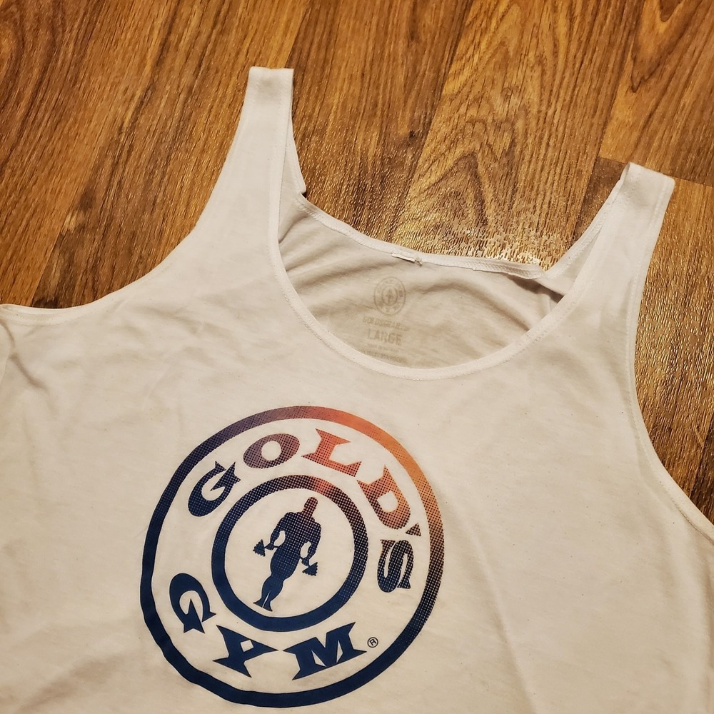 Golds Gym Tank Top Shirt Women Large‎ White Stringer Weightlifter Workout